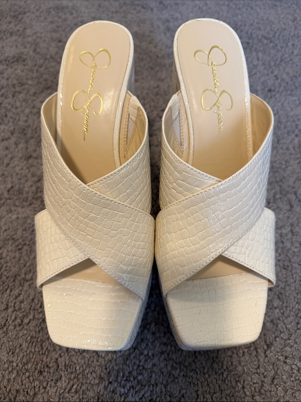 Jessica Simpson Ivory Croc-Embossed Crisscross Slide Mules
